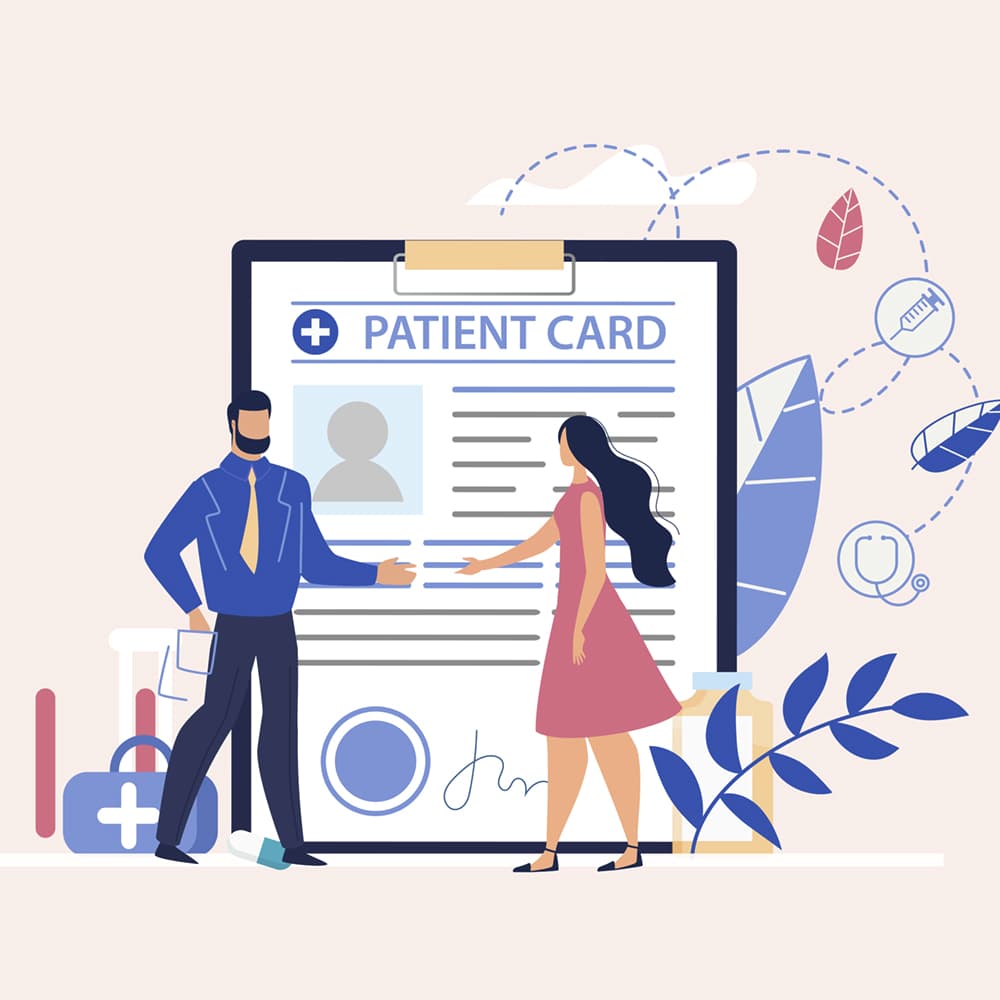 Man and Woman shaking hands near a patient card.